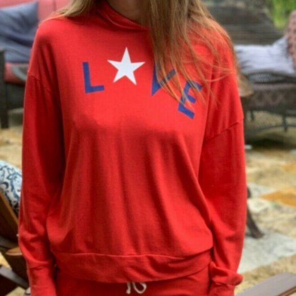 🆕 Anthro Sundry Red Love Star Hoodie Pullover - Picture 1 of 9
